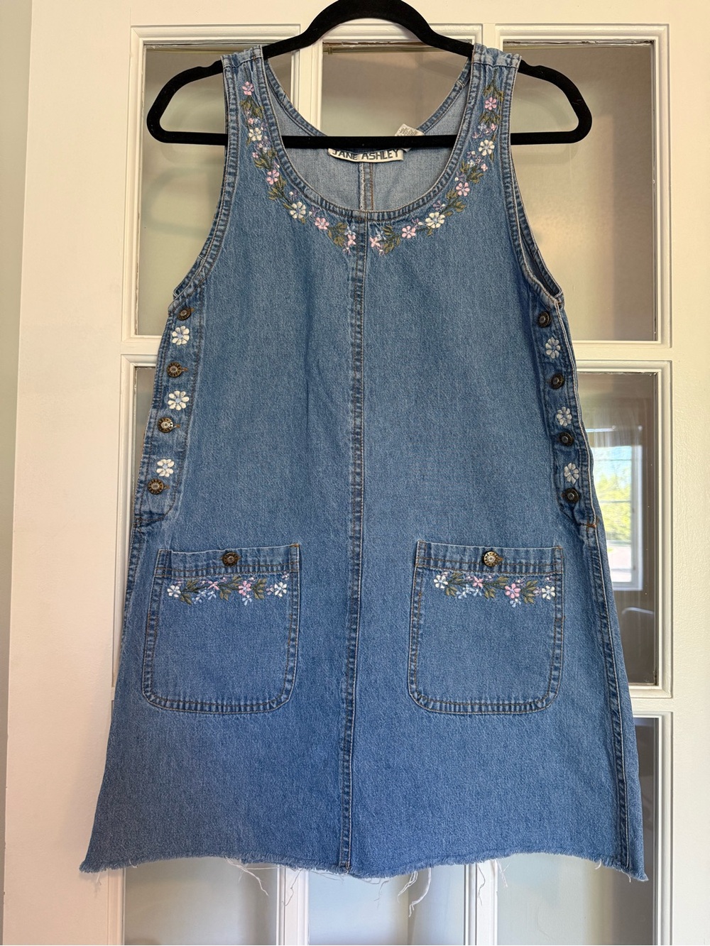 Jane Ashley Vintage Blue Denim Jumper Embroidered Pocket Dress Cottagecore